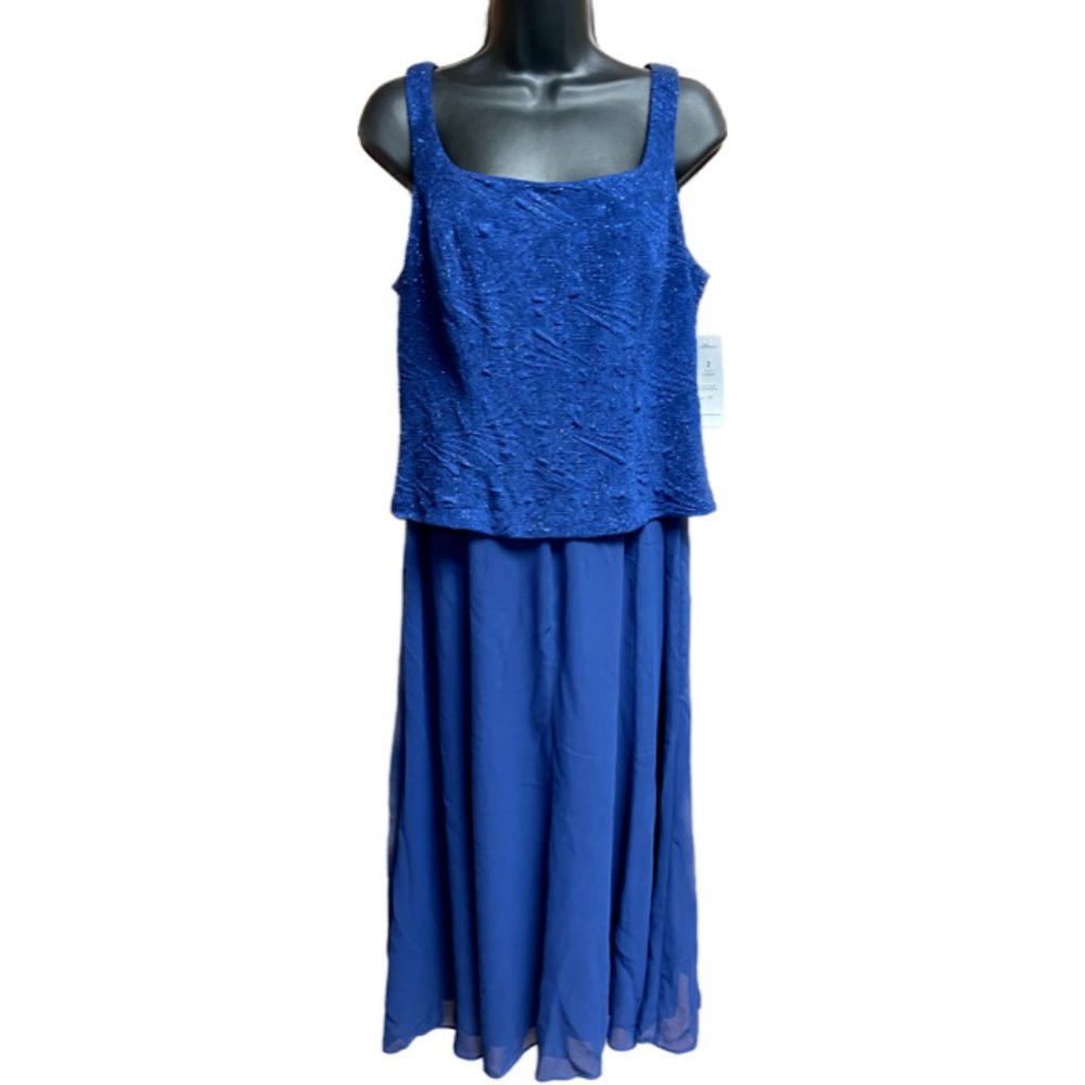 ALEX EVENINGS Women's Long Dress with Mandarin Neckline ELECTRIC BLUE 10P NWT